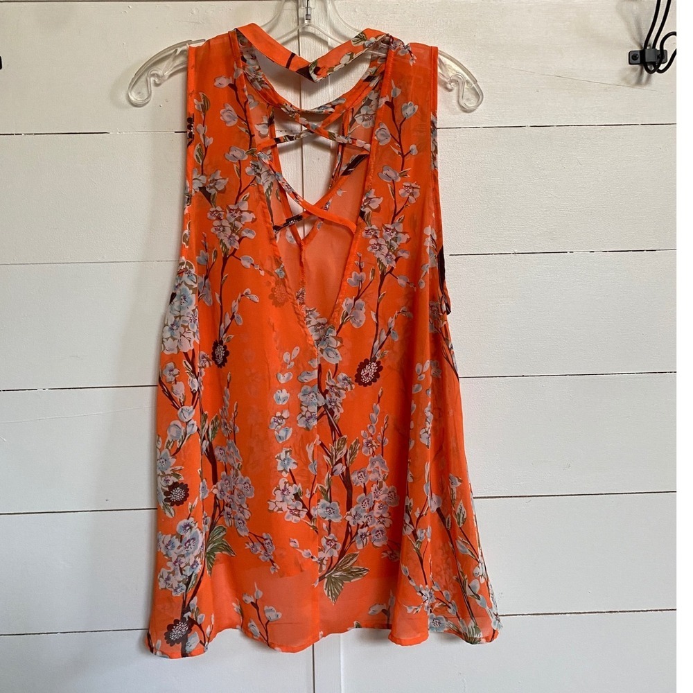 Miss Me Orange Floral Choker Neck Open Back Crisscross Blouse MDT1017T L - Picture 6 of 14
